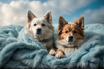 dogs in blue fluffy blanket