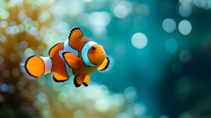 A playful clownfish in a vibrant aquatic habitat, against a light blue background.