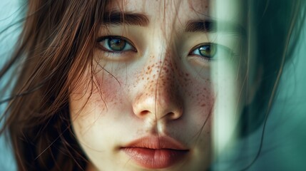 a close up of a woman with freckles