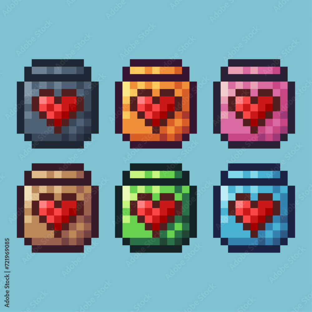 Poster pixel art sets icon of love battery variation color.love battery icon on pixelated style. 8bits perf