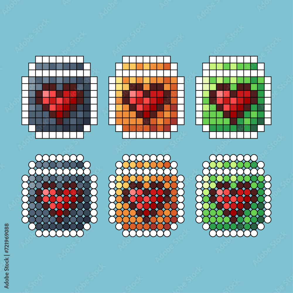 Poster pixel art stroke sets icon of love battery variation color.love battery icon on pixelated style. 8bi