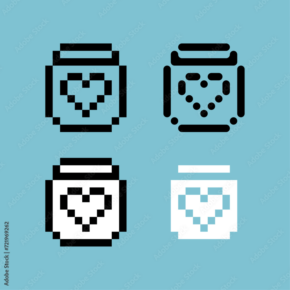 Poster pixel art outline sets icon of love battery variation color.love battery icon on pixelated style 8bi