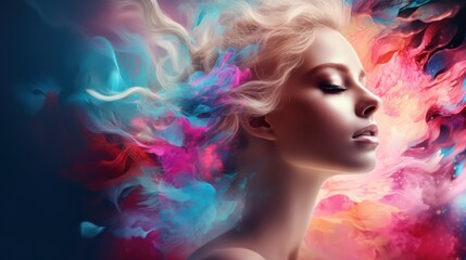 Obraz na płótnie Canvas beautiful fantasy abstract portrait of a beautiful woman double exposure with a colorful digital paint splash or space nebula