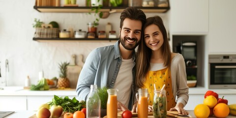 Fit Couple woman and man standing in the kitchen, happy preparing a healthy smoothie food