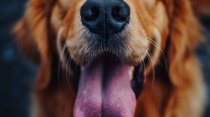golden retriever dog sticks out his tongue,Close-up of a dog's nostrils - obrazy, fototapety, plakaty