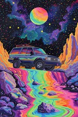 a painting of a 1997 car 4runner on a Sisyphean rainbow road and multicolored stars, whimsical folk art illustrations, light black, arched doorways, nightmarish illustrations, luminosity of water.