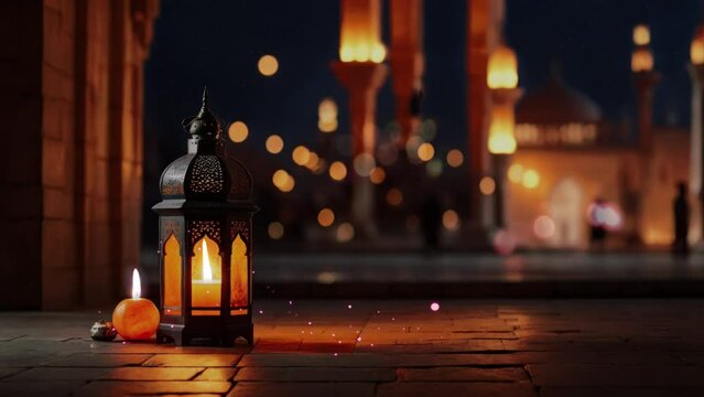 Lantern with candle at ramadan night bokeh blur background. Seamless looping time-lapse virtual 4k video animation background.