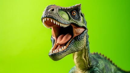 This fierce dinosaur with a friendly smile stands against a vibrant lime green background, capturing attention with its uniquely charming appearance.