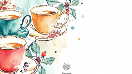 Artistic Watercolor Illustration of Teacups with 'Be Our Guest' Inscription