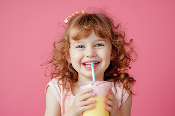 Happy child drinking milkshake on color background - obrazy, fototapety, plakaty
