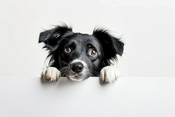 A curious puppy is peeping through the white surface. The concept of animal care, veterinary supervision for a design postcard, banner, flyer with a place to copy