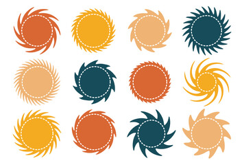 Swirling circles vortex. Set of vector starburst, sunburst badges. Different color. Simple flat style Vintage labels. Price sticker. Stitched zig-zag circle collection in diffrent color. 11:11