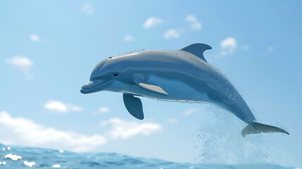 A mesmerizing 3D animated dolphin gracefully swimming in a tranquil sky blue background.