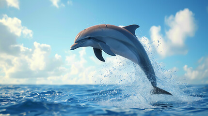 A playful dolphin, splashing as it leaps out of the sparkling blue water against a serene sky blue background.