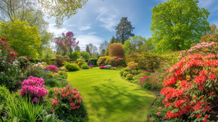 Fototapeta na wymiar A panoramic view of a warm garden bursting with blossoms, showcasing the diversity and vitality of nature's palette