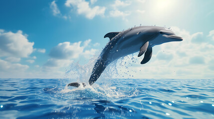A lively dolphin jumps out of the water against a serene sky blue backdrop.