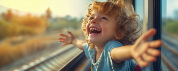 Happy child traveling by train - obrazy, fototapety, plakaty