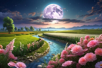 3D view of a flower field at night