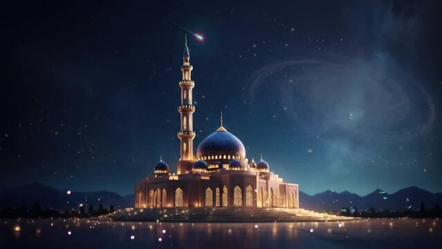 beautiful view of mosque in ramadhan kareem night with stars and fireworks. Seamless looping 4k time-lapse virtual video animation background