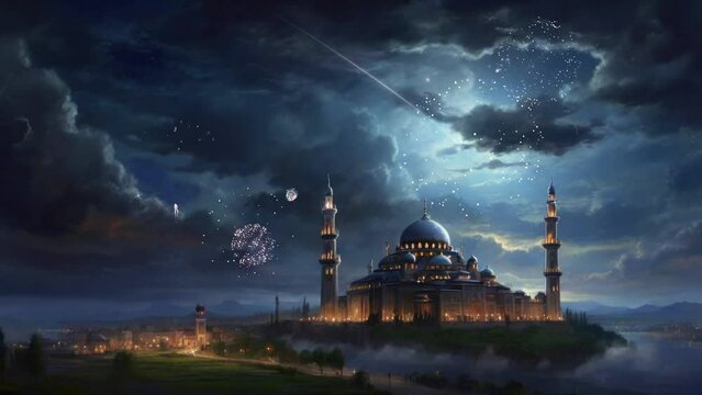 beautiful view of mosque in ramadhan kareem night with stars and fireworks. Seamless looping 4k time-lapse virtual video animation background
