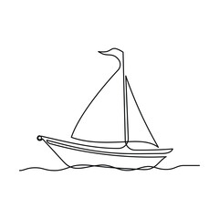 Continuous one-line drawing of a sailboat on sea waves and outline line vector art of a sea boat Isolated illustration