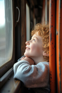 Happy child traveling by train