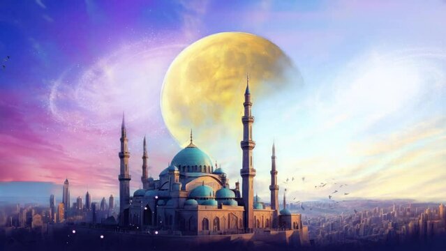 beautiful view of mosque in ramadhan kareem with moon sky space. Seamless looping 4k time-lapse virtual video animation background