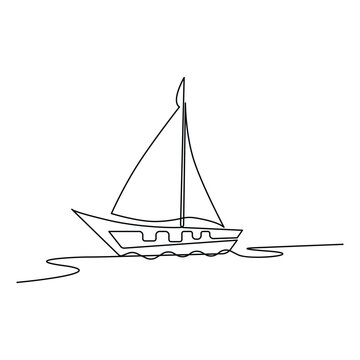 Continuous one-line drawing of a sailboat on sea waves and outline line vector art of a sea boat Isolated illustration