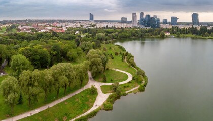 Nice city park by the lake. shot from above 