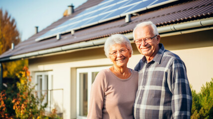 Solar powered Home. Smiling elderly couple standing in front of their house with solar panels on the roof. Bright future in clean energy. Banner with copy space