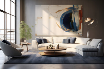 A contemporary living room with a large abstract area