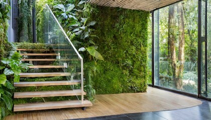 Elevated Elegance: Modern Entryway Design with Floating Glass Staircase and Moss-Covered Vertical Garden Wall"