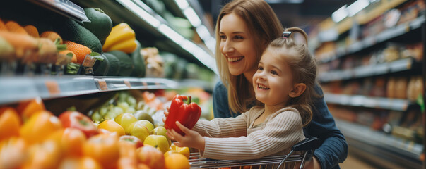 Happy mother and daughter shopping in supermarket