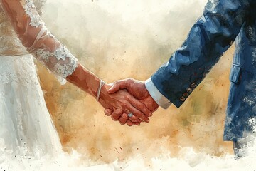Hand-drawn image of a bride and groom holding hands with wedding bands
