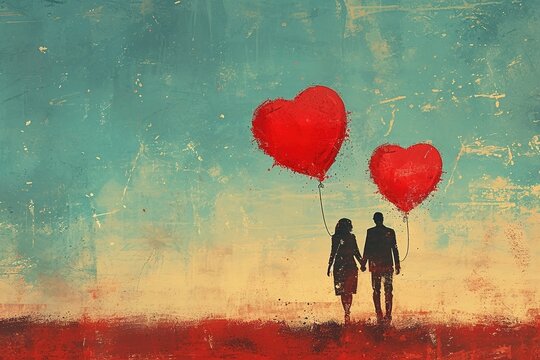 Hand-drawn image of a couple releasing heart-shaped balloons into the sky
