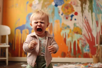 Fotobehang Photo of upset little baby boy crying on abstract multicolored background. Children Protection Day © Александр Ткачук
