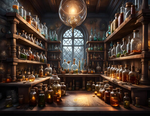 Alchemist lab. A strange and creepy cabinet of curiosities filled with lots of bottles and glass jars. CG Artwork Background. AI generated digital illustration - obrazy, fototapety, plakaty
