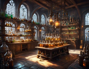 Obraz premium Alchemist lab. A strange and creepy cabinet of curiosities filled with lots of bottles and glass jars. CG Artwork Background. AI generated digital illustration