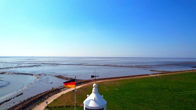 Little Preusse Lighthouse - Wurster North Sea Coast - Wremen - Northern Germany - Aerial photo with the drone over the lighthouse