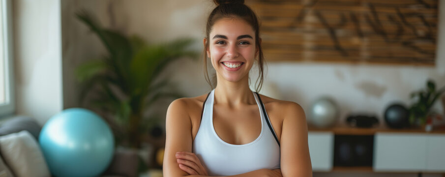 Happy sportswoman exercising at home and looking at camera