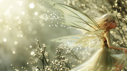 A mesmerizing 3D fairy in a delightful and magical style, set against a shimmering silver...