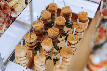 meat and cheese snacks on the buffet table. open-air buffet table, sandwiches on skewers before the start of the holiday.