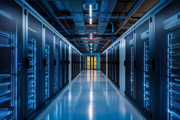 Modern powerful data center with computer calculating complex digital information