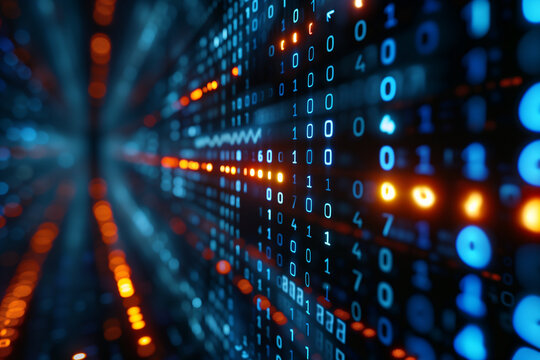 Computer code illustration of glowing numbers over dark background representing digital data technology