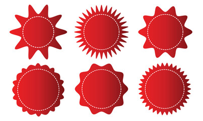 Set of circles with zigzag edges. Labels, stickers, badges, stamps round shapes. Star or sunburst icons isolated on white background. Stitched zig-zag circle collection in gradient color.