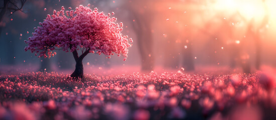 Beautiful pink tree in a meadow at sunset. 3d rendering. Sunshine spring landscape concept with pink blossoming tree, sunrise and clouds.