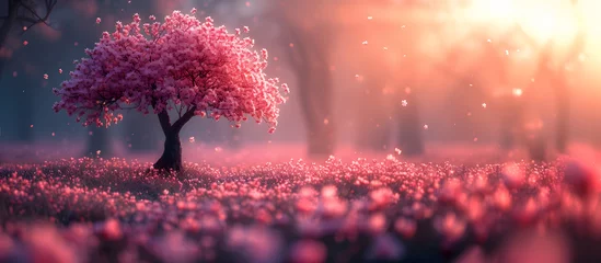 Tuinposter Beautiful pink tree in a meadow at sunset. 3d rendering. Sunshine spring landscape concept with pink blossoming tree, sunrise and clouds. © mandu77