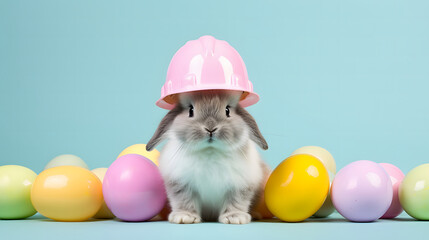 Fototapeta na wymiar Have a safe happy easter. Cute bunny wearing a pink hard hat and colorful easter eggs on blue background