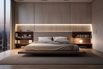 Fototapeta na wymiar A contemporary master bedroom with a floating platform bed