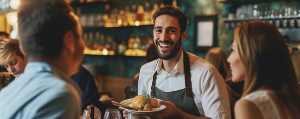 Happy waiter serving food to group of friends in a pub